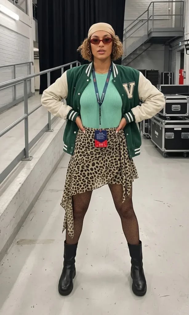 Bomber Jacket Over Leopard Skirt and Fishnet Tights — Cute Concert Outfit