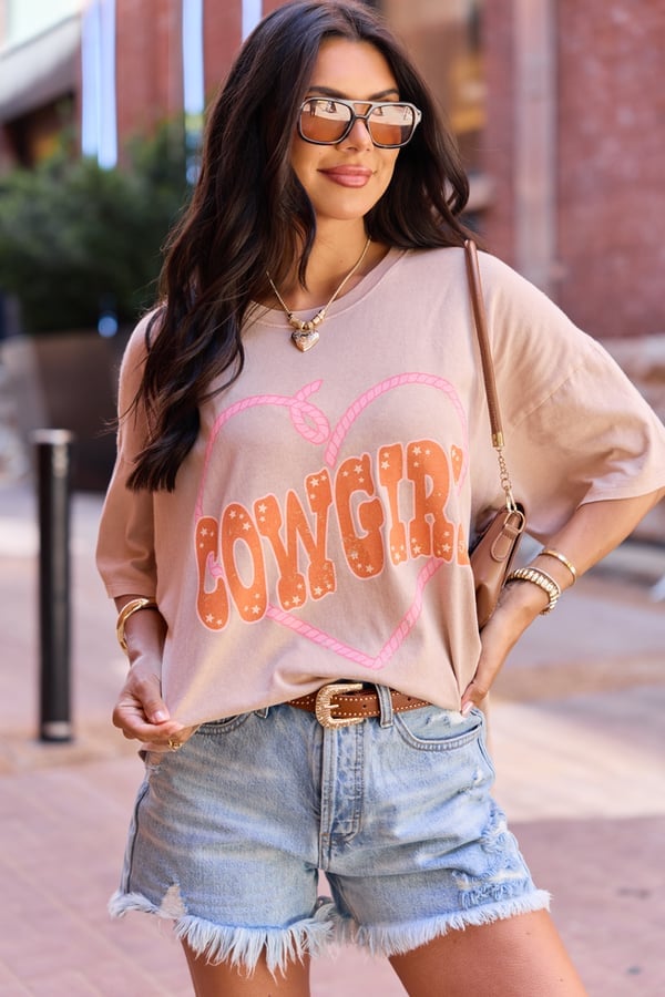 Oversized Graphic T-Shirt with Distressed Denim Shorts and Belt, Beige — Cute Concert Outfit