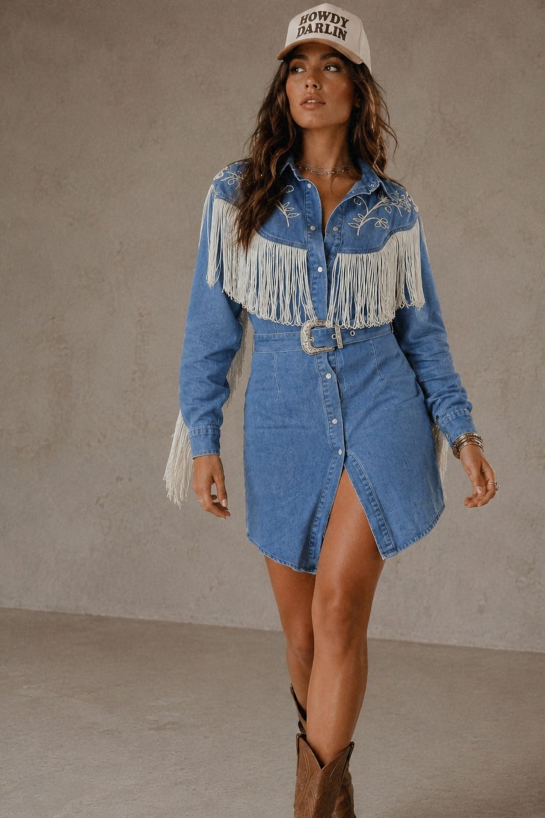 Denim Shirt Dress with Fringe and Cowboy Boots — Cute Concert Outfit