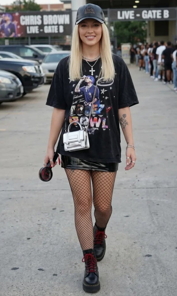 Band T-Shirt with Vinyl Mini Skirt and Platform Boots — Cute Concert Outfit