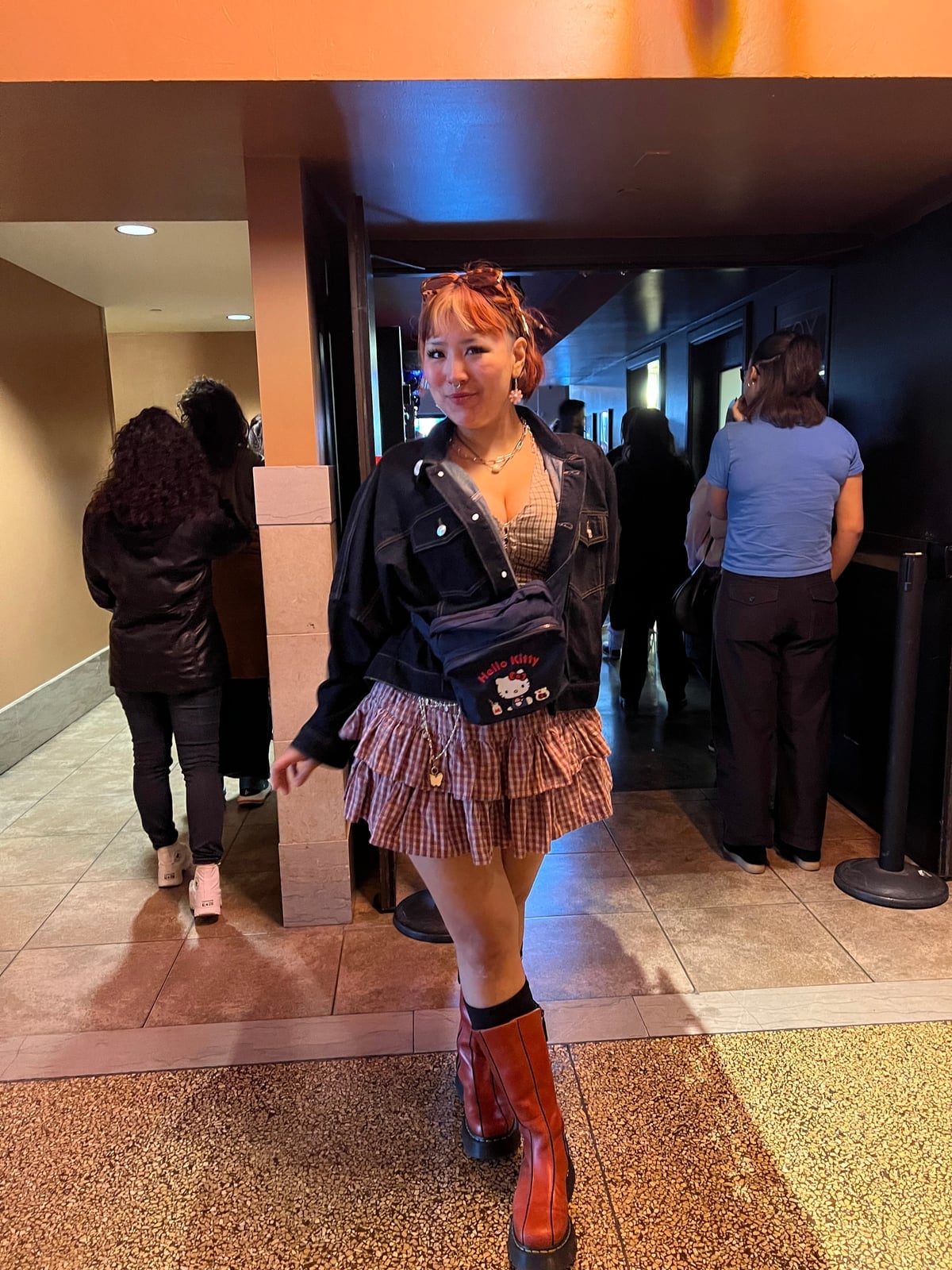 Plaid Mini Skirt with Denim Jacket and Platform, Office-Safe Version — Cute Concert Outfit