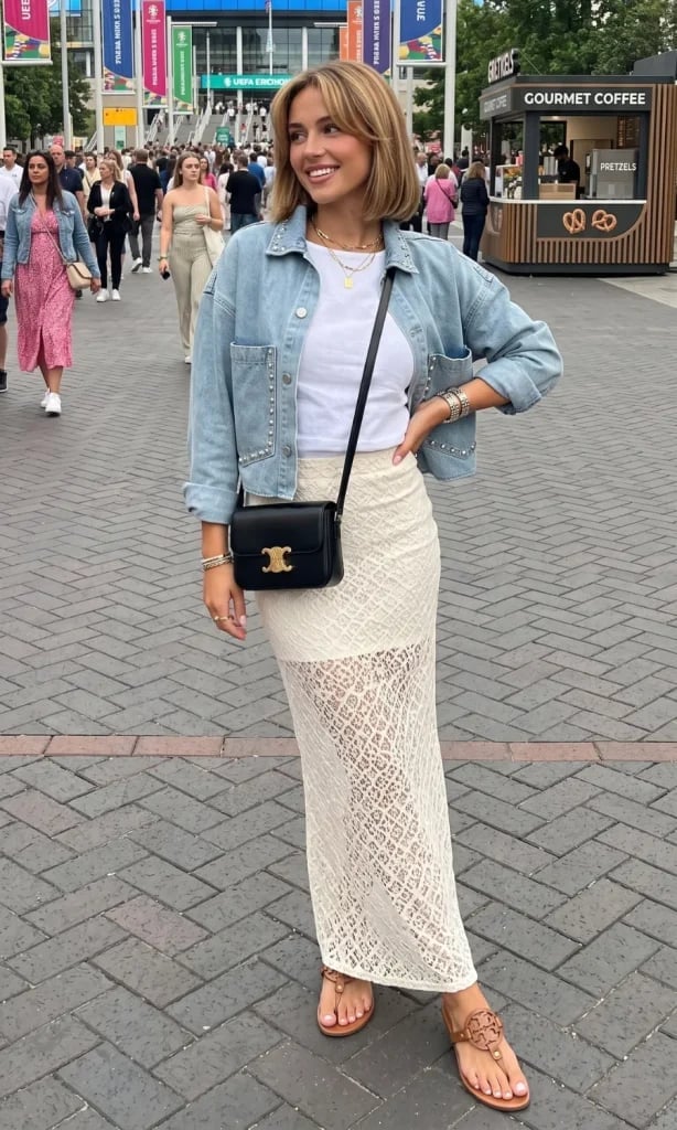 Studded Denim Jacket Over Lace Maxi Skirt and Sandals — Cute Concert Outfit