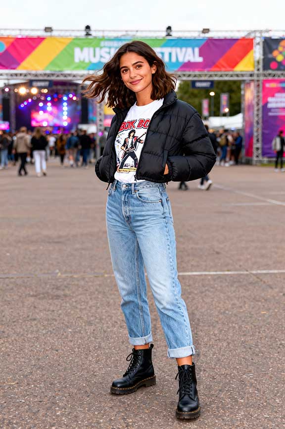 Graphic T-Shirt with Straight-Leg Jeans and Puffer Jacket — Cute Concert Outfit