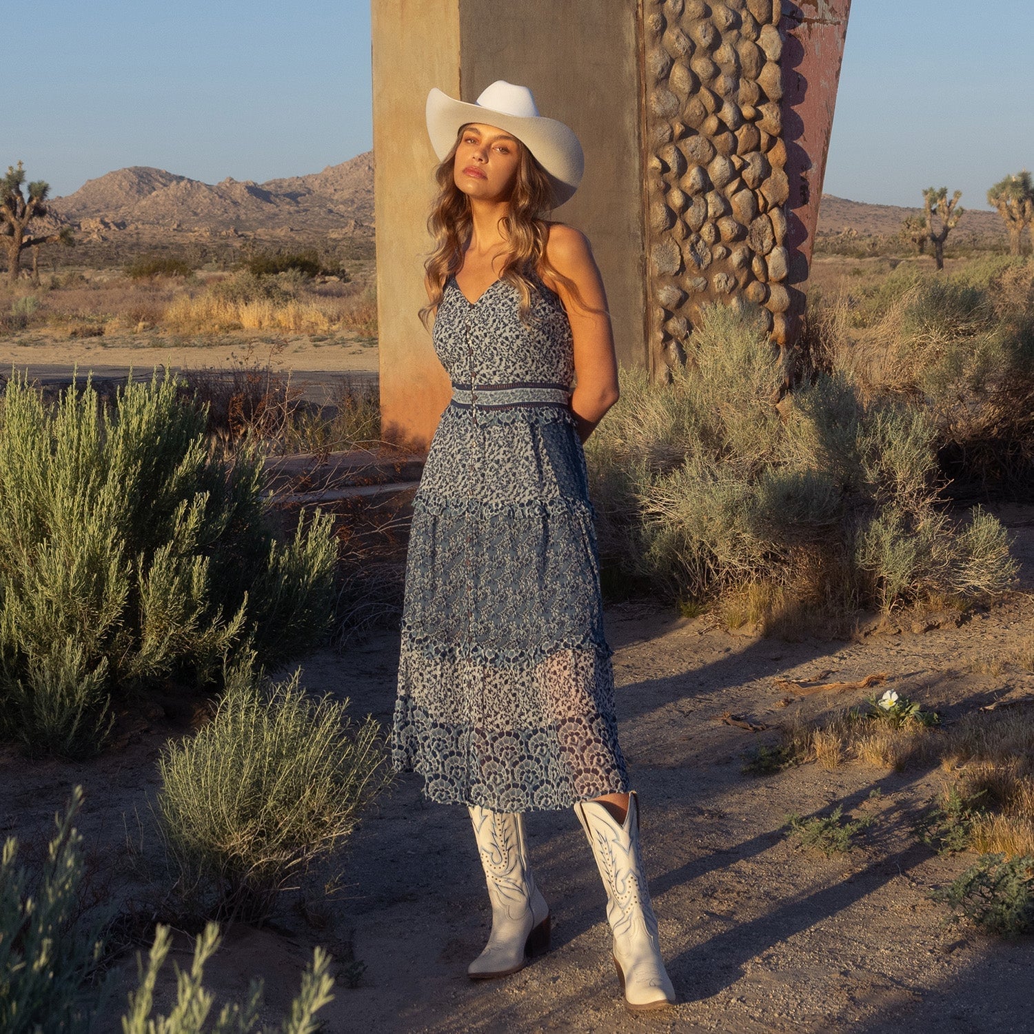 Denim Co-Ord with Floral Embroidery and Tan Cowboy Boots — Cute Concert Outfit