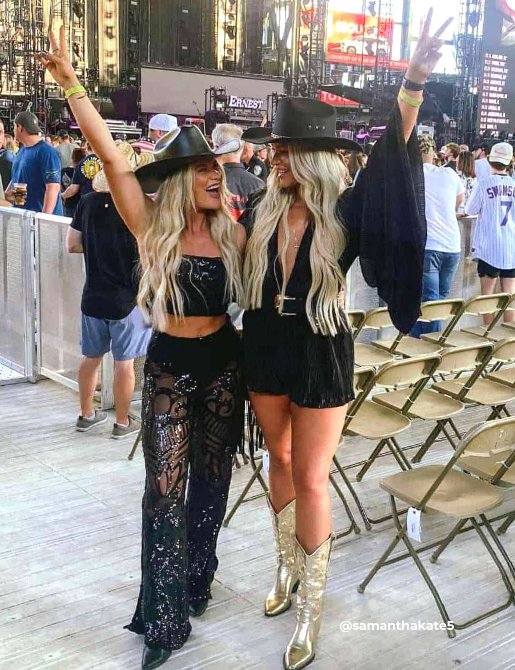 Sequined Wide-Leg Pants with Bandeau Top and Cowboy Boots — Cute Concert Outfit