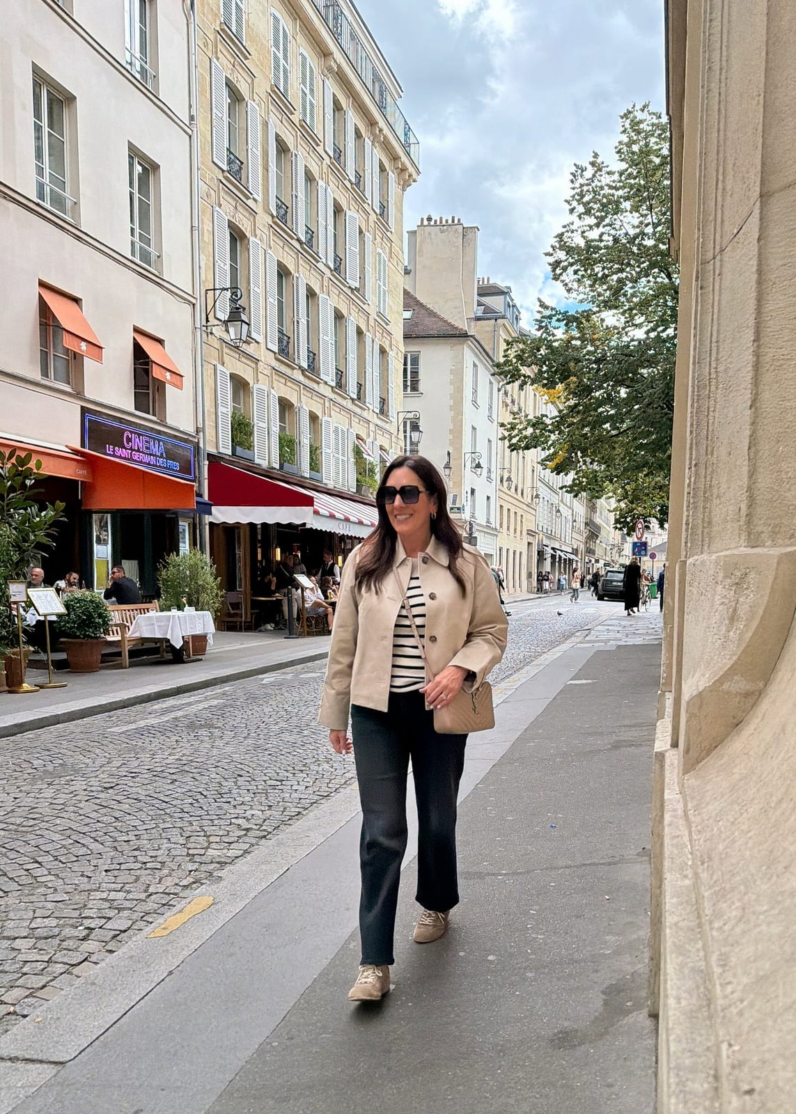 Striped T-shirt With Beige Cropped Jacket Striped T-shirt With Beige Cropped Jacket — Cute Dinner Outfit