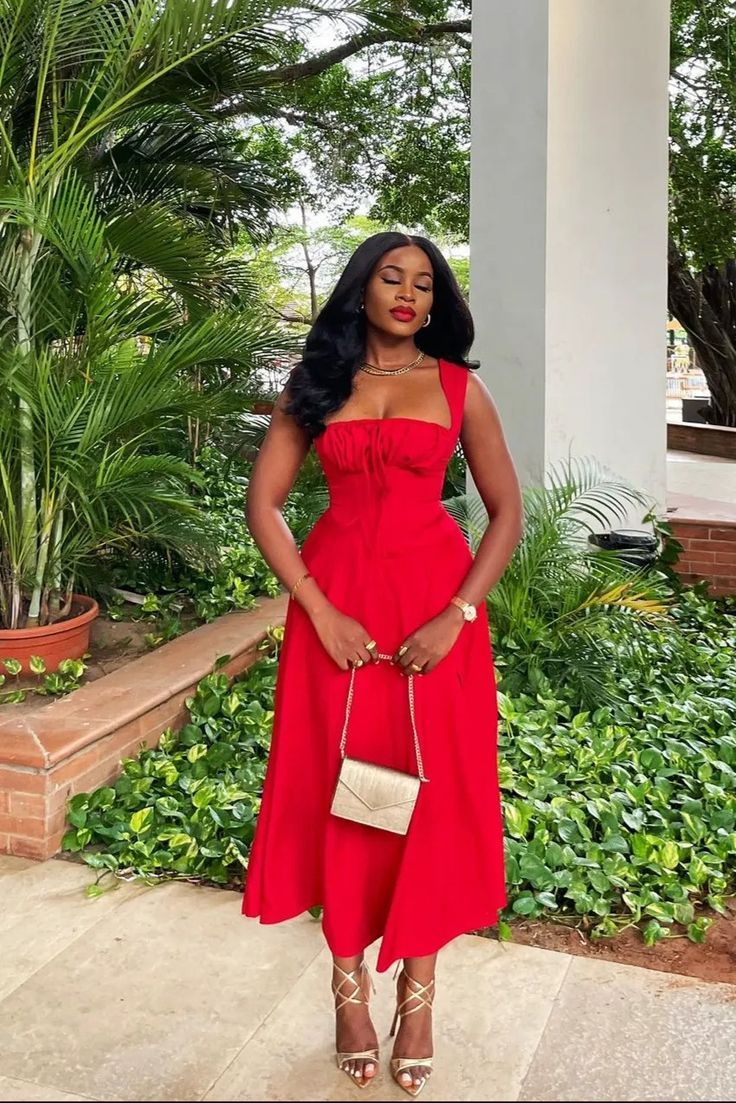 Red Fit And Flare Midi Dress With Gold Heels Red Fit And Flare Midi Dress With Gold Heels — Cute Dinner Outfit