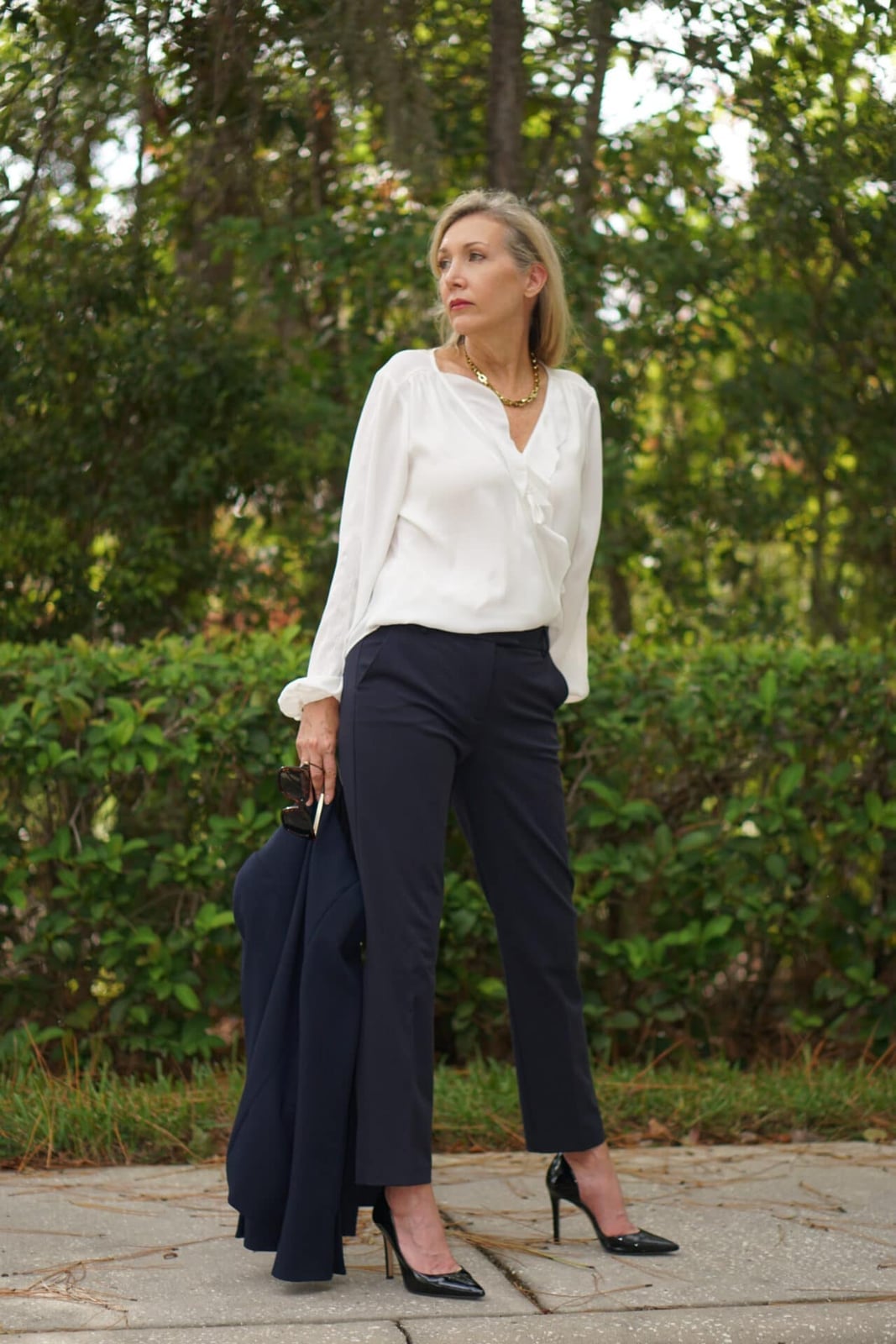 White Wrap Blouse With Navy Trousers White Wrap Blouse With Navy Trousers — Cute Dinner Outfit