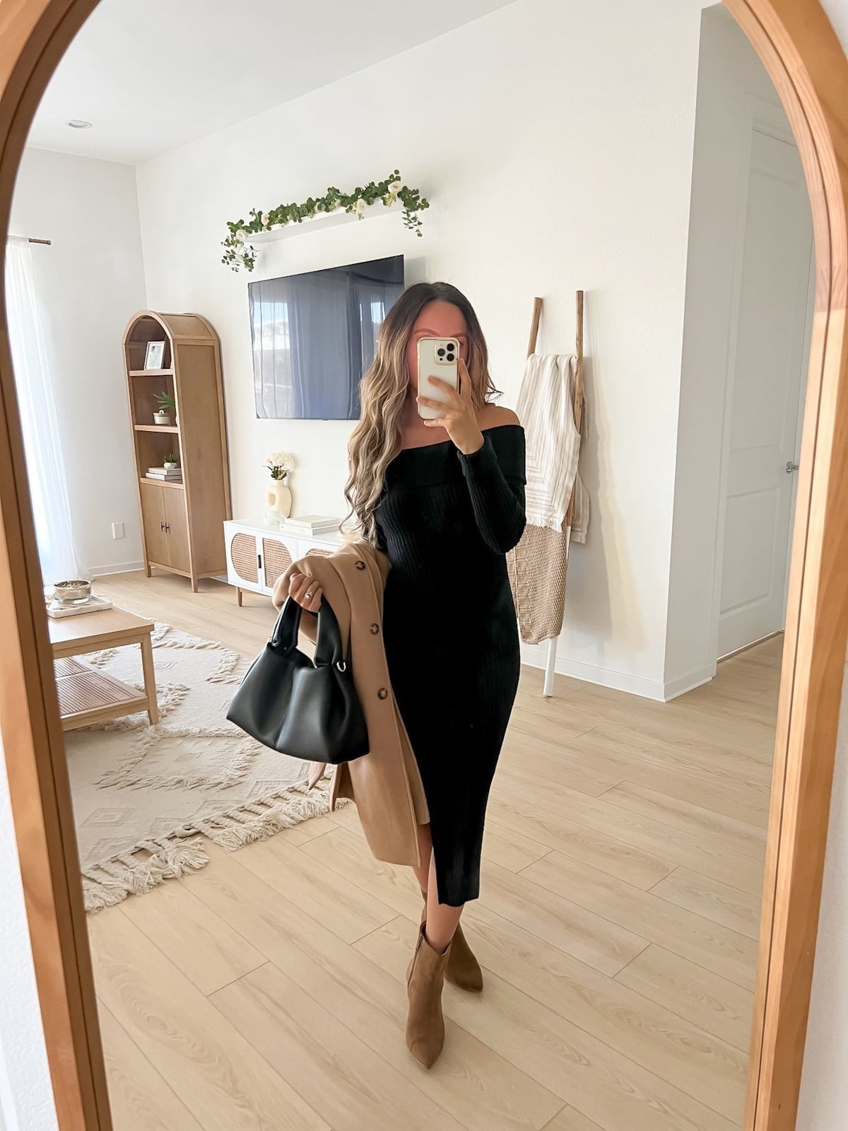 Black Off-Shoulder Dress With Camel Coat and Brown Ankle Boots Black Off-Shoulder Dress With Camel Coat and Brown Ankle Boots — Cute Dinner Outfit