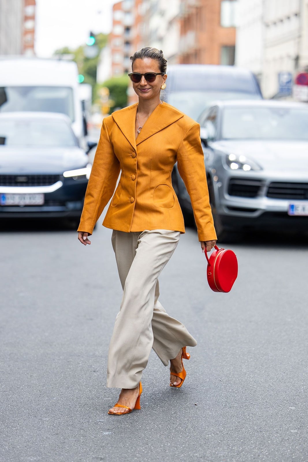 Bright Orange Blazer With Beige Wide Leg Trousers Bright Orange Blazer With Beige Wide Leg Trousers — Cute Dinner Outfit