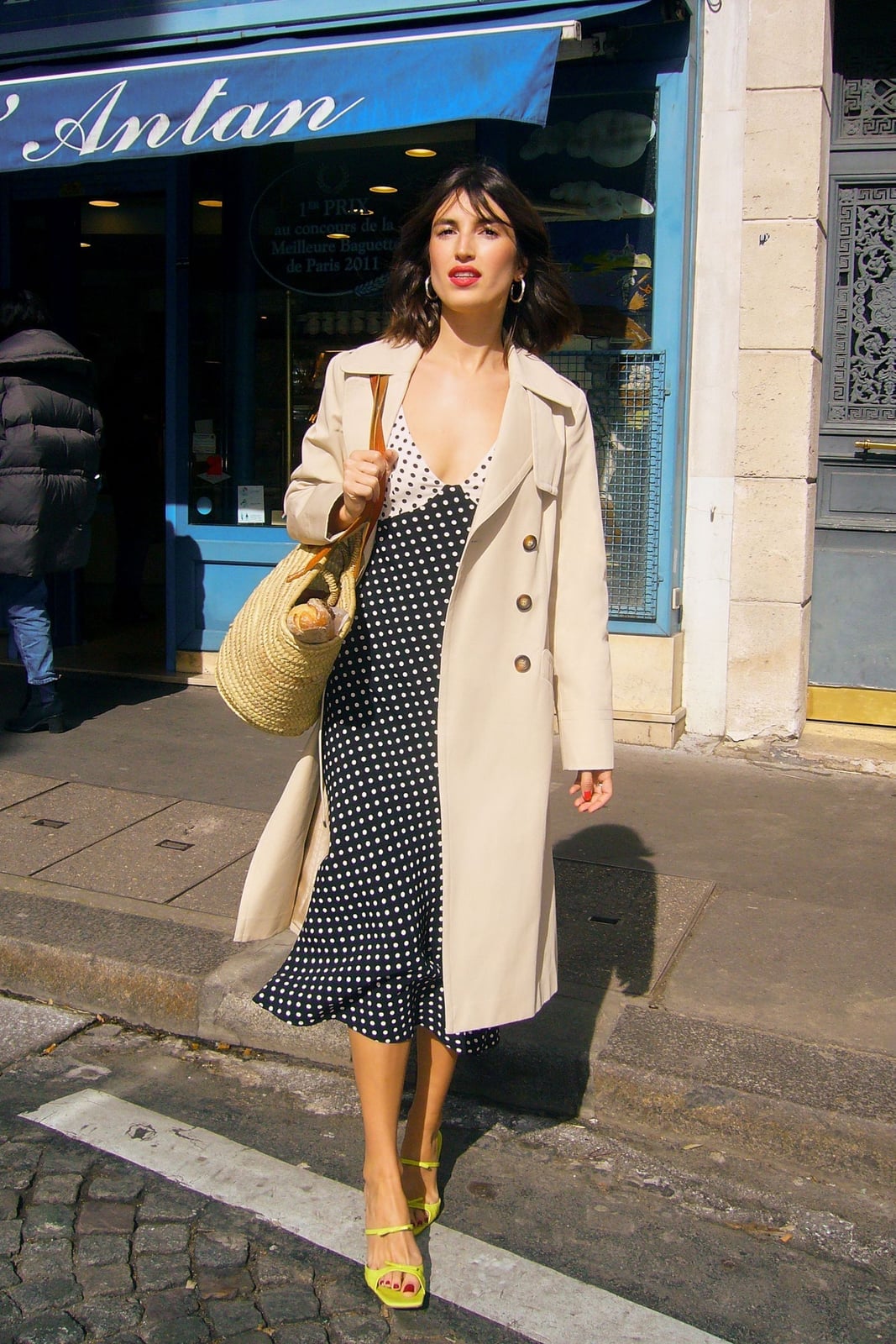 Polka Dot Midi Dress With Beige Trench Coat Polka Dot Midi Dress With Beige Trench Coat — Cute Dinner Outfit