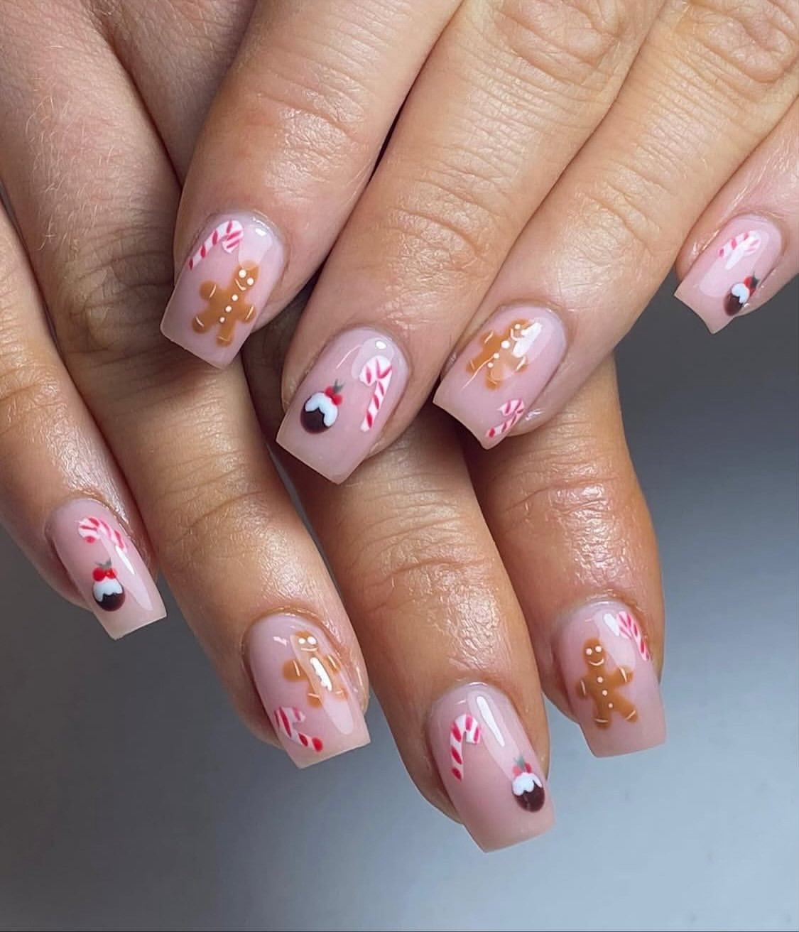 Cute Gingerbread & Candy Cane Christmas Nails
