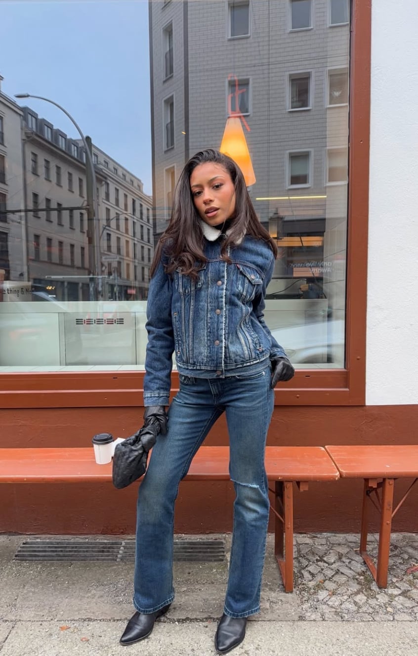 Dark Blue Bootcut Jeans with Denim Jacket Dark Blue Bootcut Jeans with Denim Jacket — Cute Jeans Outfit