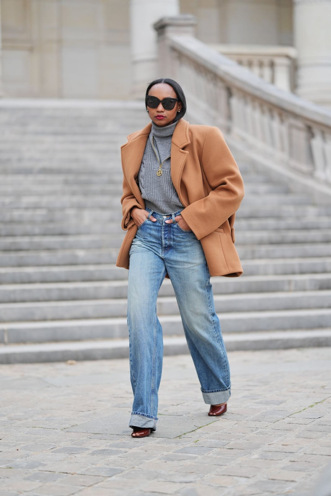 Light Blue Wide Leg Jeans with Camel Coat Light Blue Wide Leg Jeans with Camel Coat — Cute Jeans Outfit