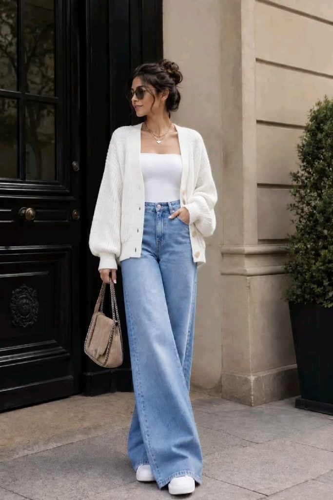 Light Wash Wide Leg Jeans with Chunky Knit Cardigan Light Wash Wide Leg Jeans with Chunky Knit Cardigan — Cute Jeans Outfit