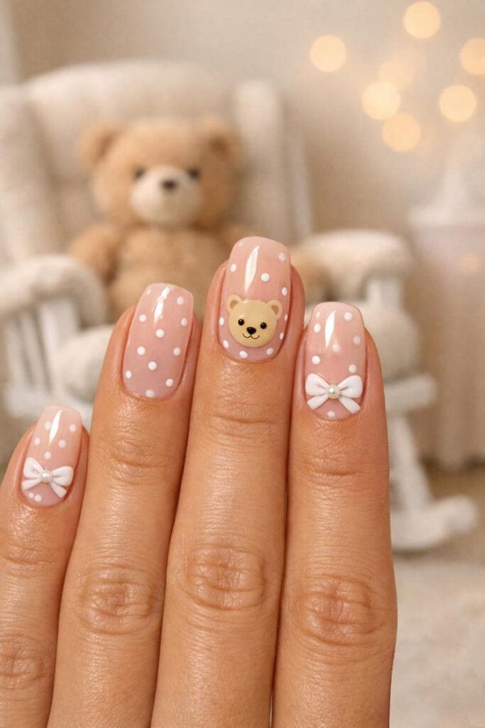 Sheer Pink Polka Dot Teddy Bear Nails Sheer Pink Polka Dot Teddy Bear Nails — Cute Nails