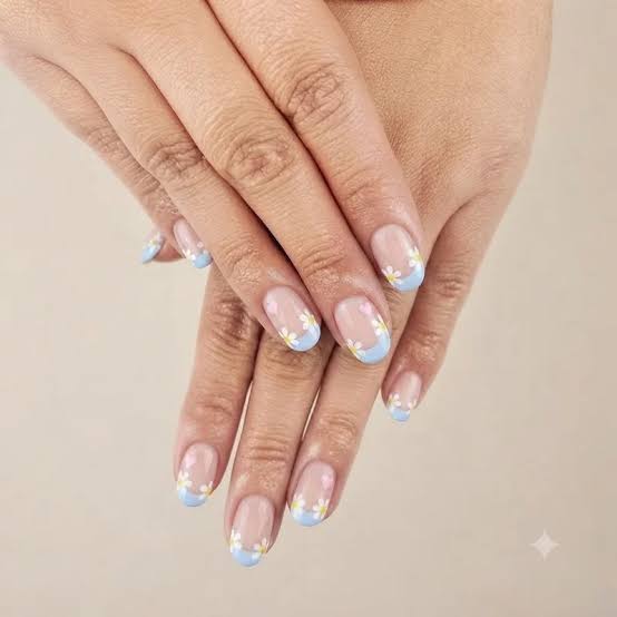 Almond Light Blue French Floral Nails Almond Light Blue French Floral Nails — Cute Nails