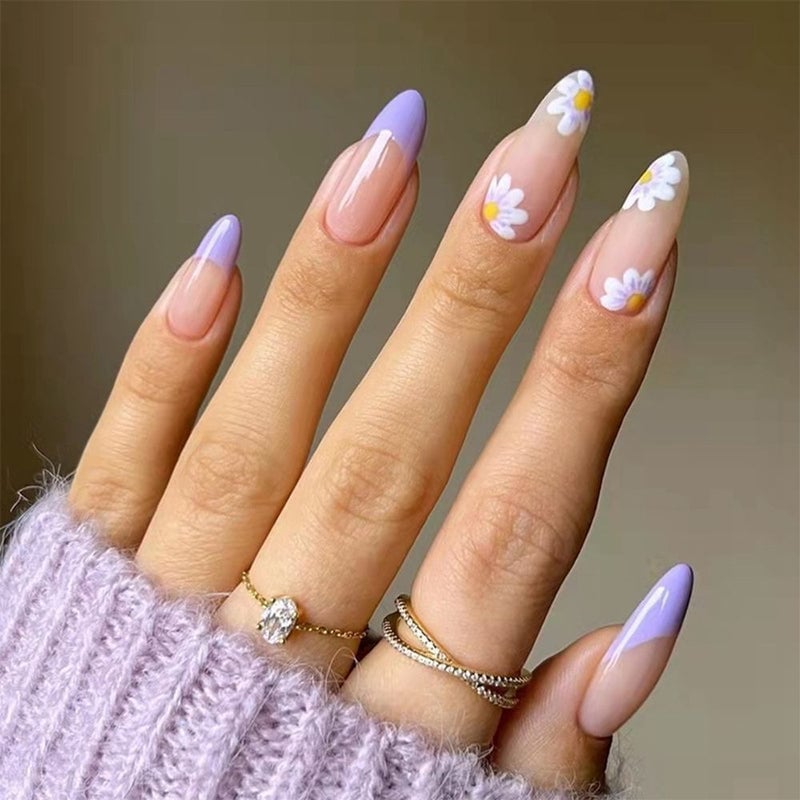 Almond Lavender French Daisy Nails Almond Lavender French Daisy Nails — Cute Nails