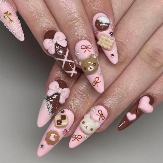 Pink and Brown Stiletto Charms and Cookies Pink and Brown Stiletto Charms and Cookies — Cute Nails