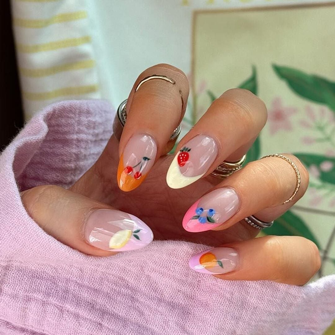 Long Almond Summer Fruit French Tips Long Almond Summer Fruit French Tips — Cute Nails