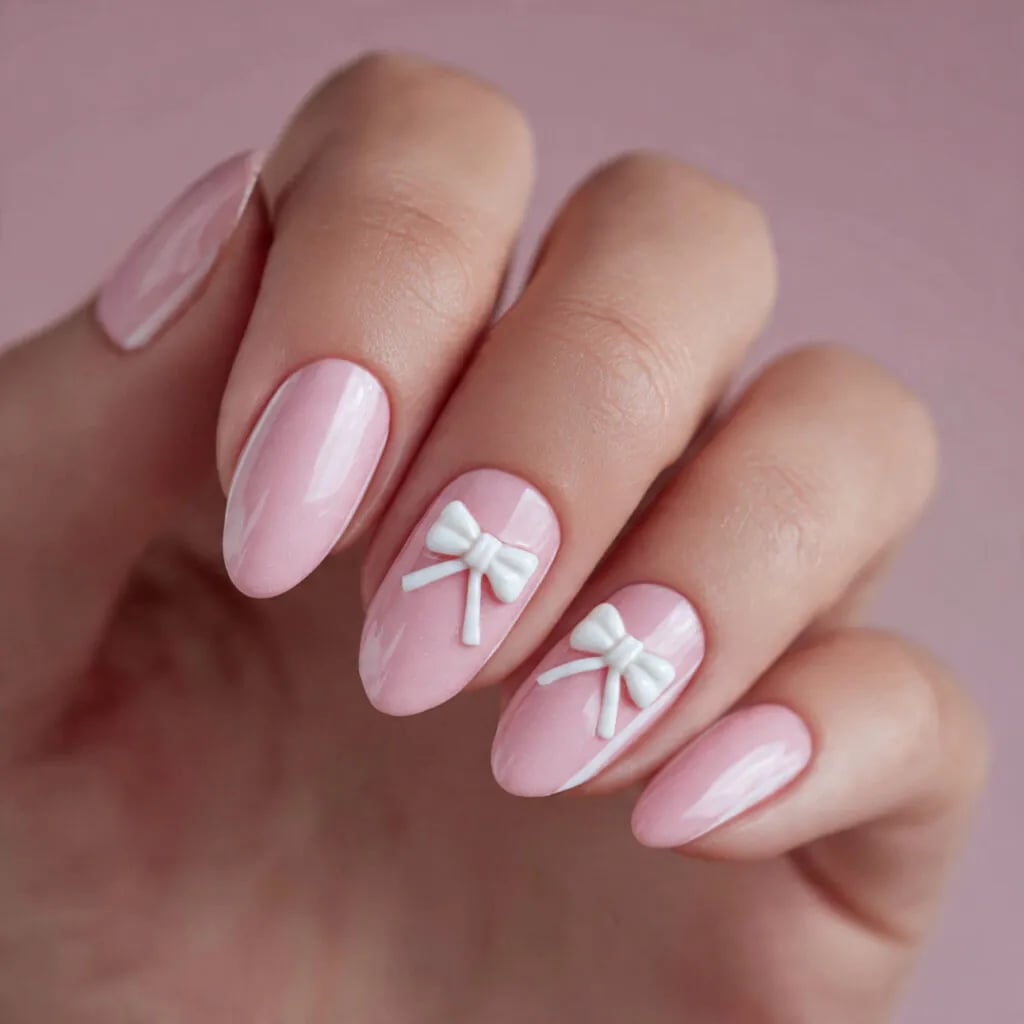 Pale Pink Medium Oval 3D Bow Nails Pale Pink Medium Oval 3D Bow Nails — Cute Nails