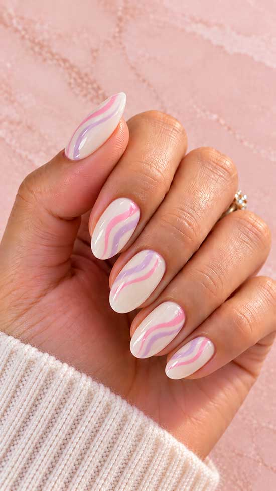 White Oval Pastel Wavy Stripe Nails White Oval Pastel Wavy Stripe Nails — Cute Nails