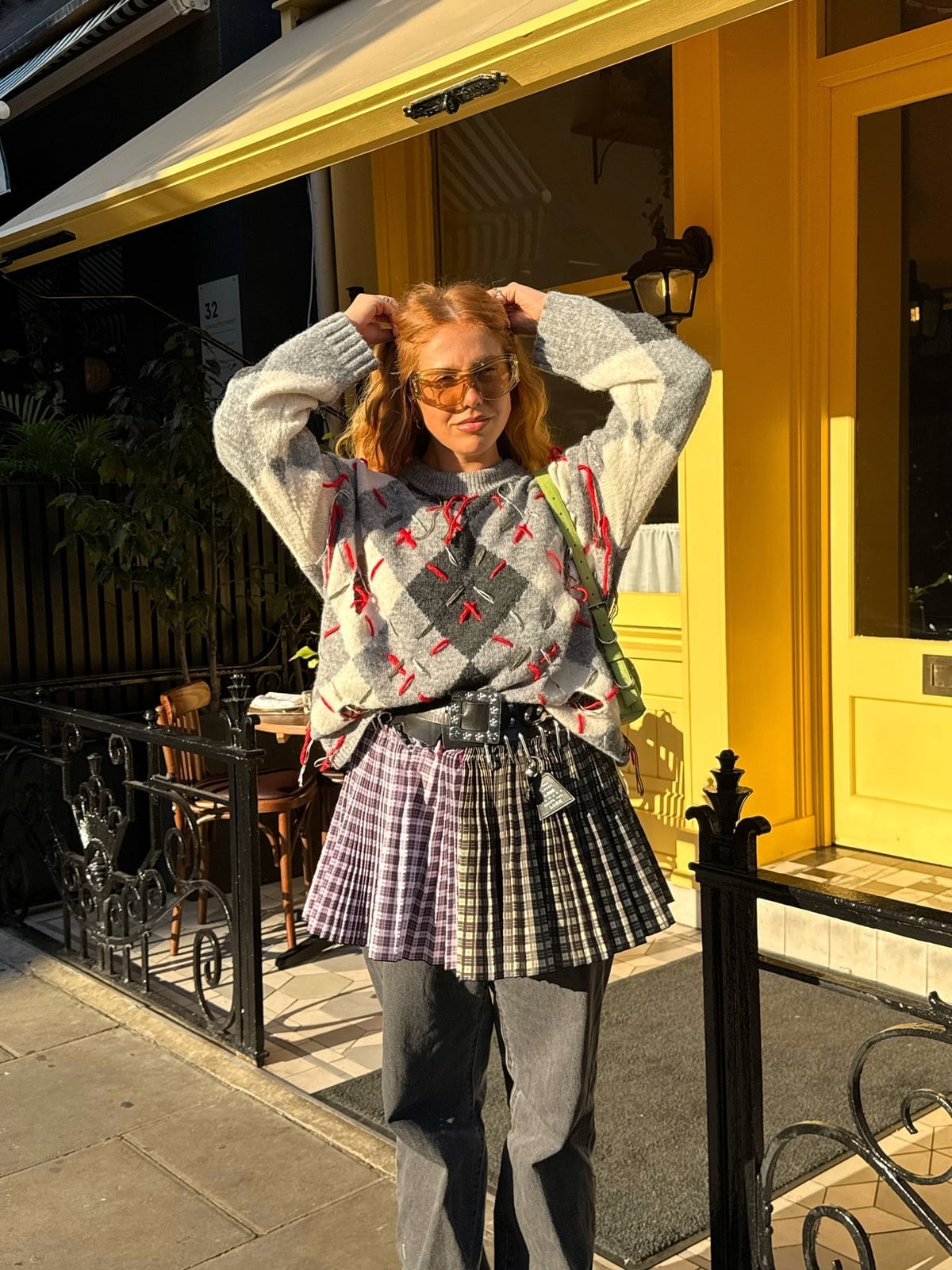 Gray Argyle Sweater with Patchwork Pleated Mini Skirt — Cute Outfits