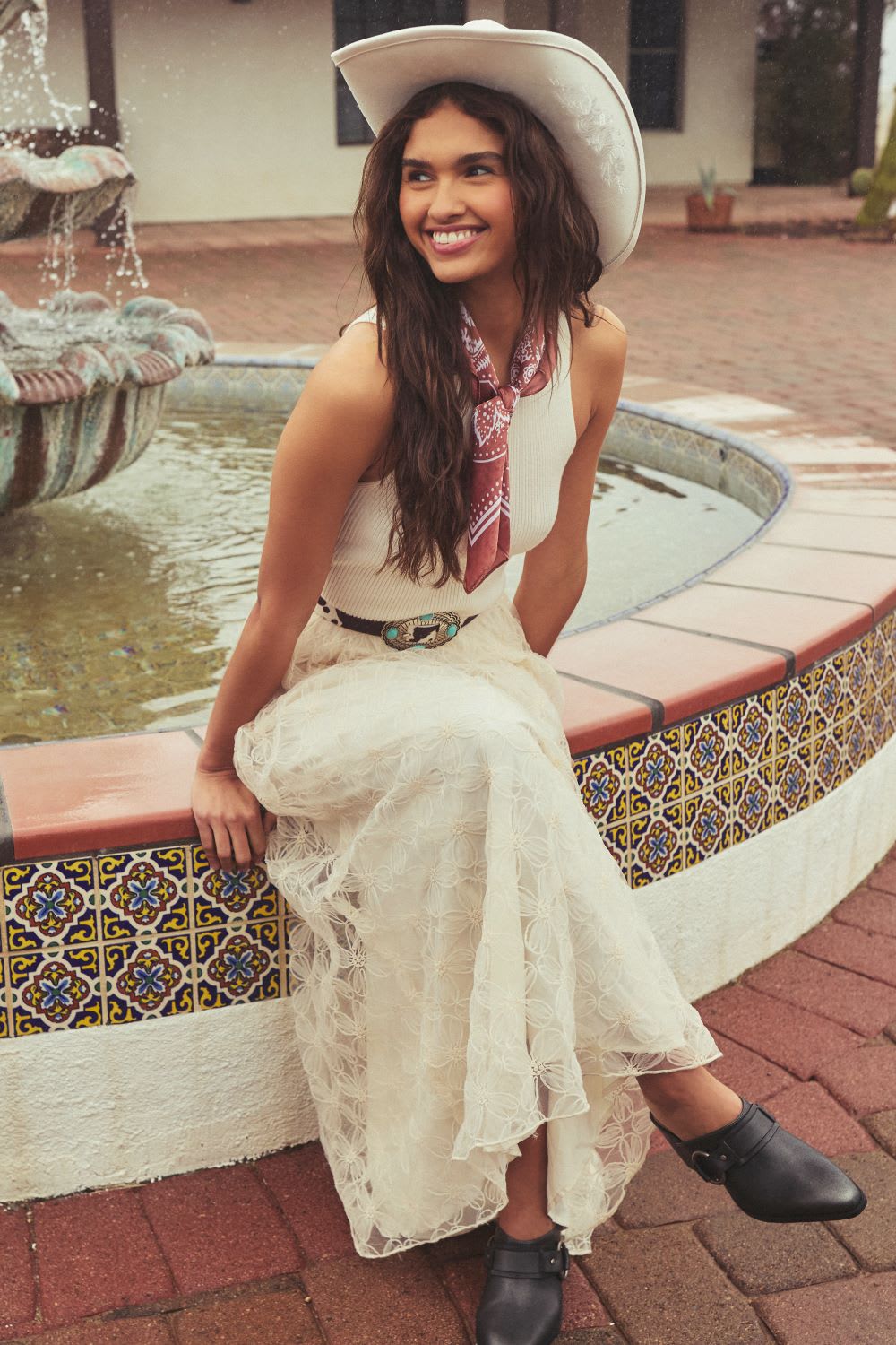 Cream Lace Maxi Skirt with Western Accessories — Cute Outfits