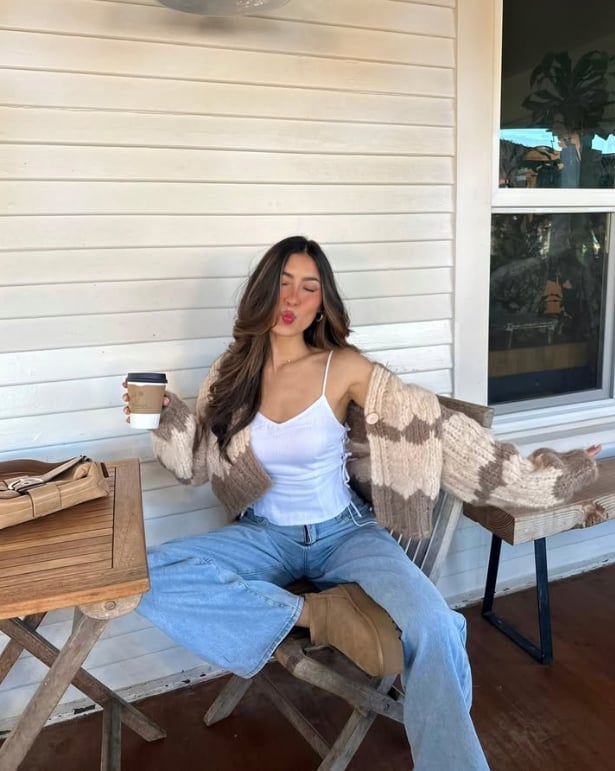 Geometric Knit Cardigan with Wide-Leg Jeans — Cute Outfits