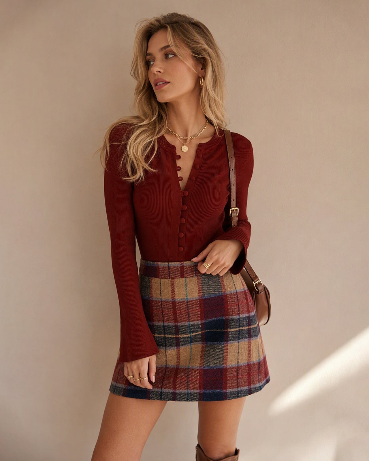 Fitted Burgundy Knit Top with a Plaid Mini Skirt — Cute Outfits