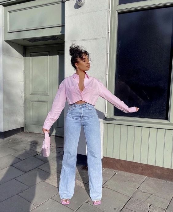 Pink Cropped Button-Down Shirt with Wide-Leg Jeans — Cute Outfits