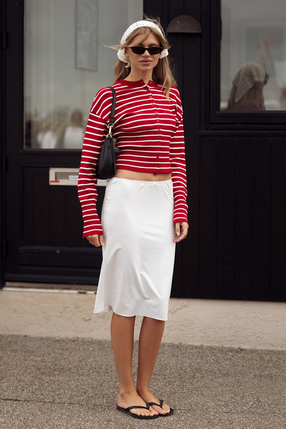 Striped Cropped Cardigan with White Satin Slip Skirt — Cute Outfits