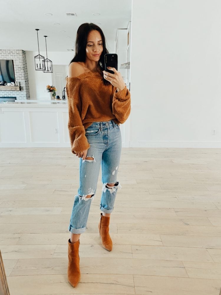 Off-the-shoulder Fuzzy Sweater with Ripped Jeans — Cute Outfits