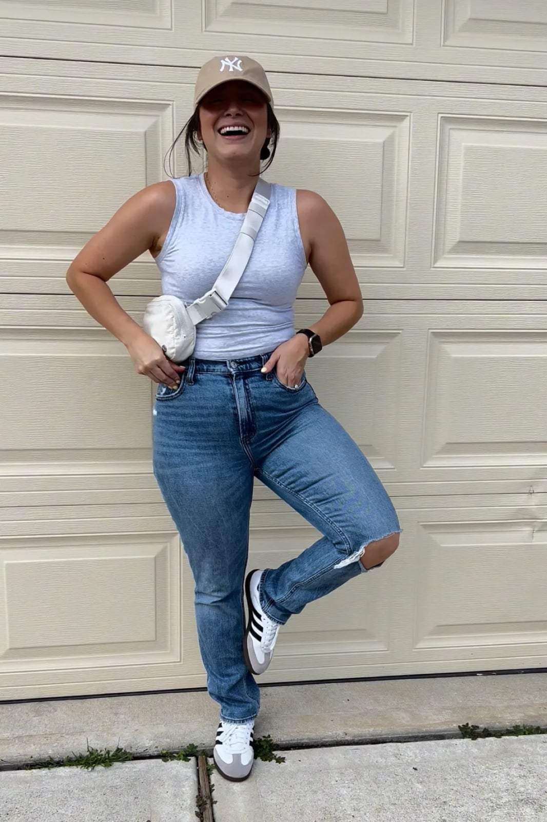 Gray Tank Top with Ripped Knee Straight Leg Jeans — Cute Outfits