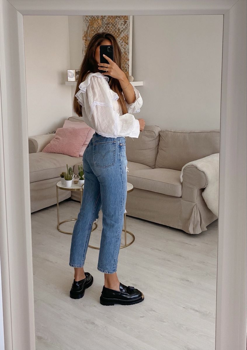 White Ruffled Blouse with Straight-Leg Jeans — Cute Outfits