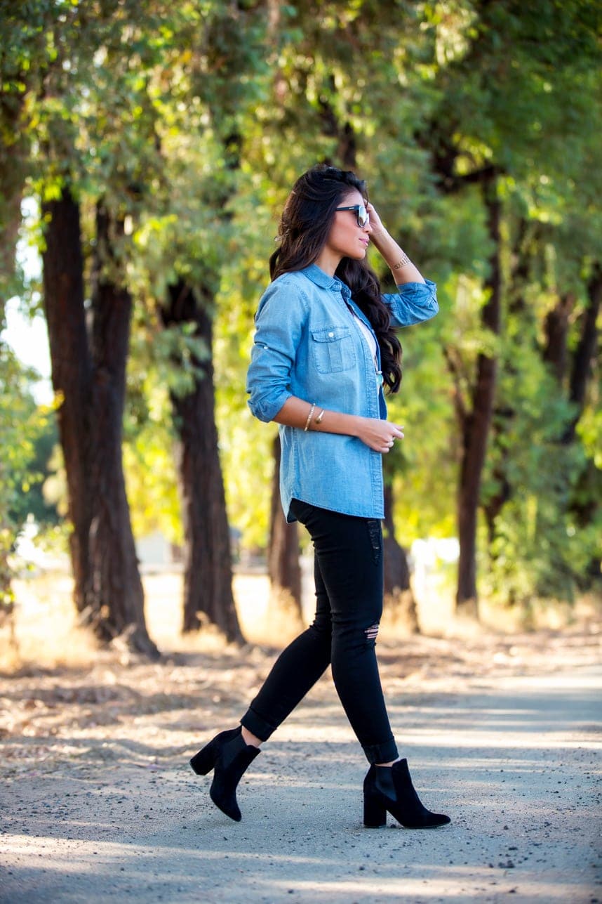 Light Blue Denim Shirt with Distressed Black Jeans — Cute Outfits