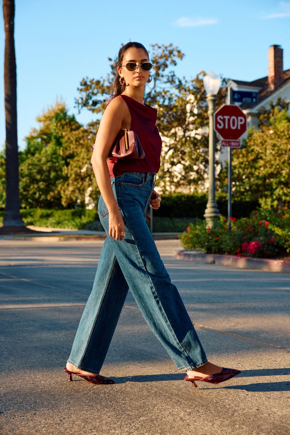 Burgundy Cowl Neck Top with Wide-Leg Blue Jeans — Cute Outfits