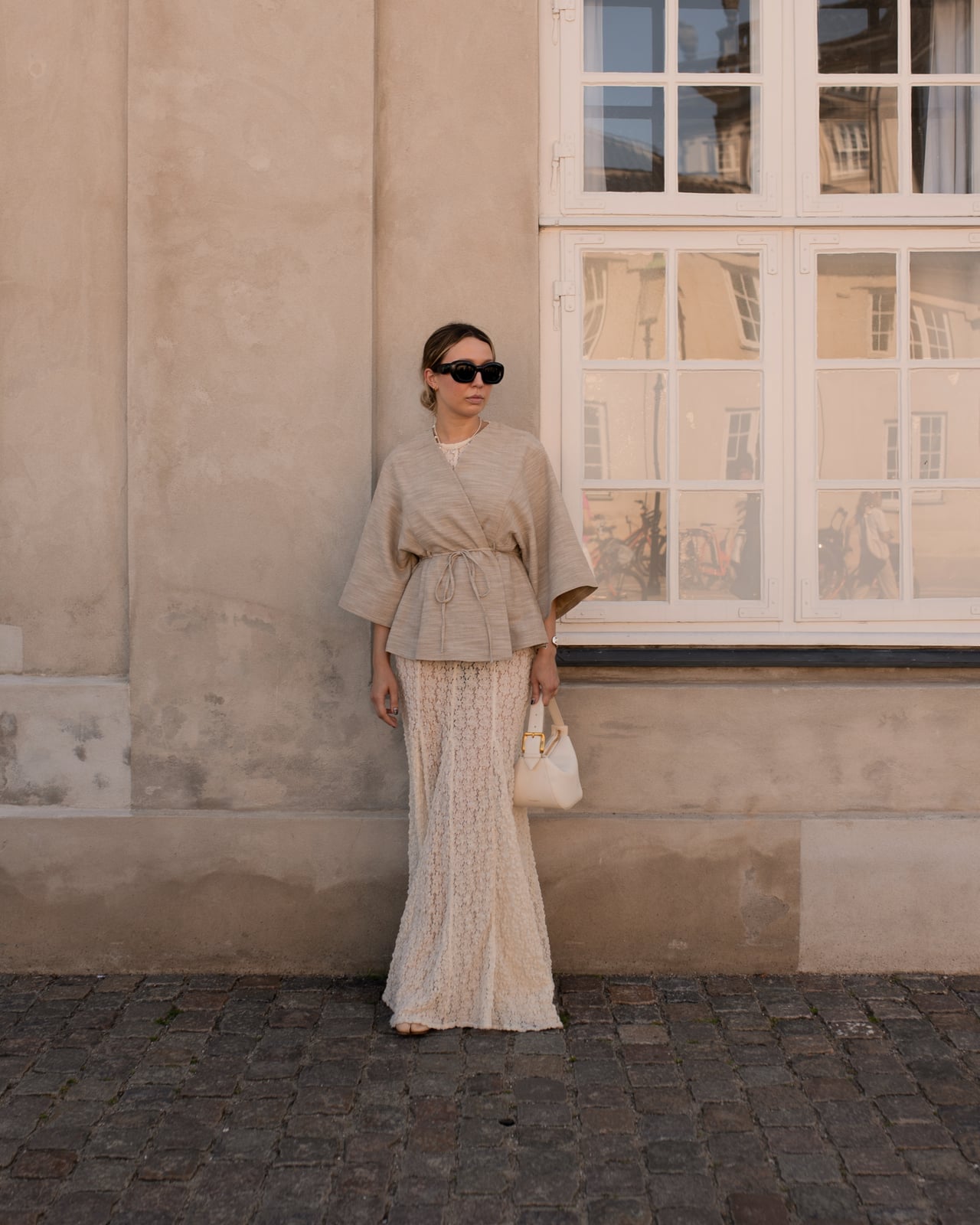 Cream Lace Maxi Skirt with Beige Knit Kimono Top — Cute Outfits