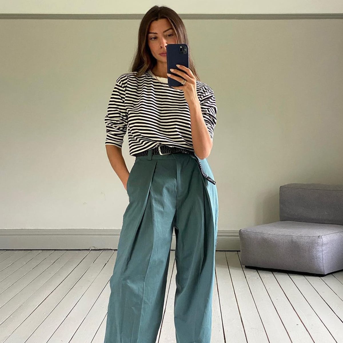 Striped Long-Sleeve T-Shirt with Wide-Leg Teal Trousers — Cute Outfits