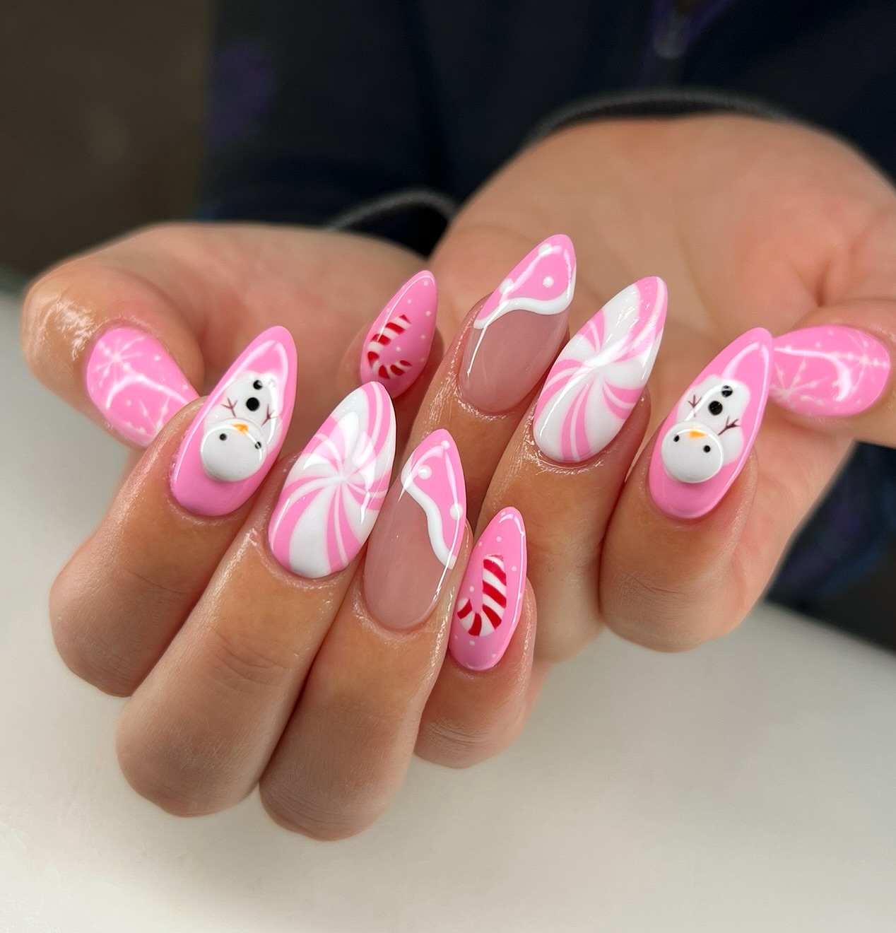 Cute Snowman Candy Cane French Tip Nails