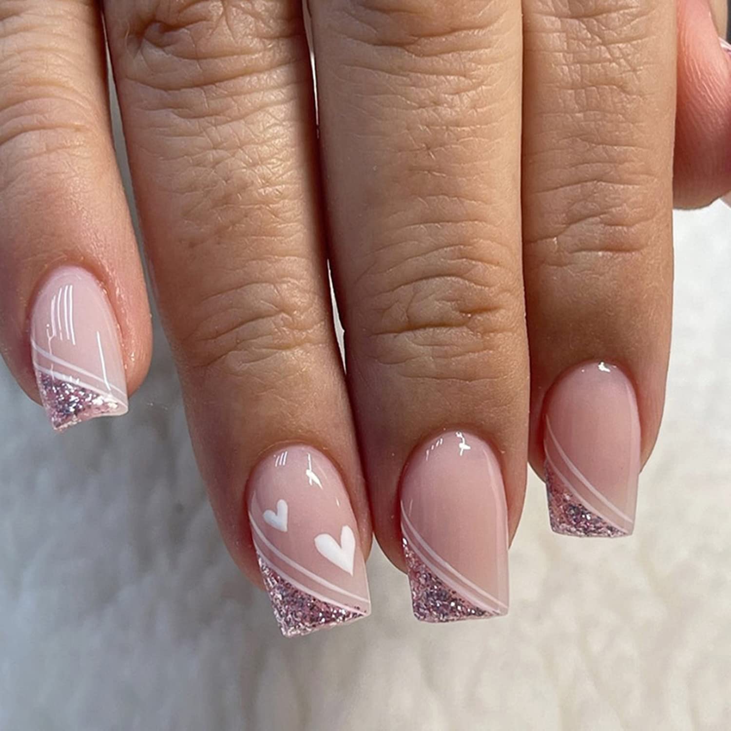 Pink Square Nails With White Lines and Glitter Tips Pink Square Nails With White Lines and Glitter Tips — Cute Square Nails