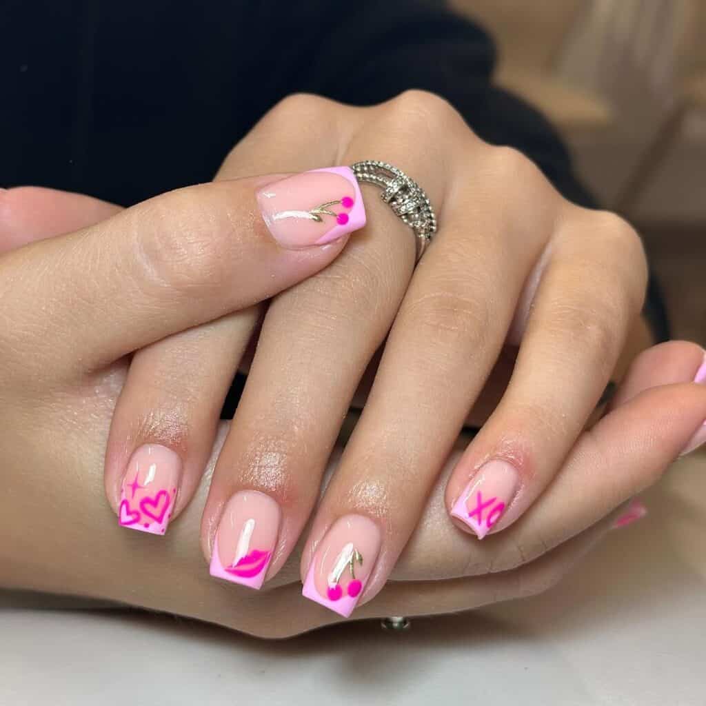 Pink French Tip Square Nails With Hearts and Cherries Pink French Tip Square Nails With Hearts and Cherries — Cute Square Nails