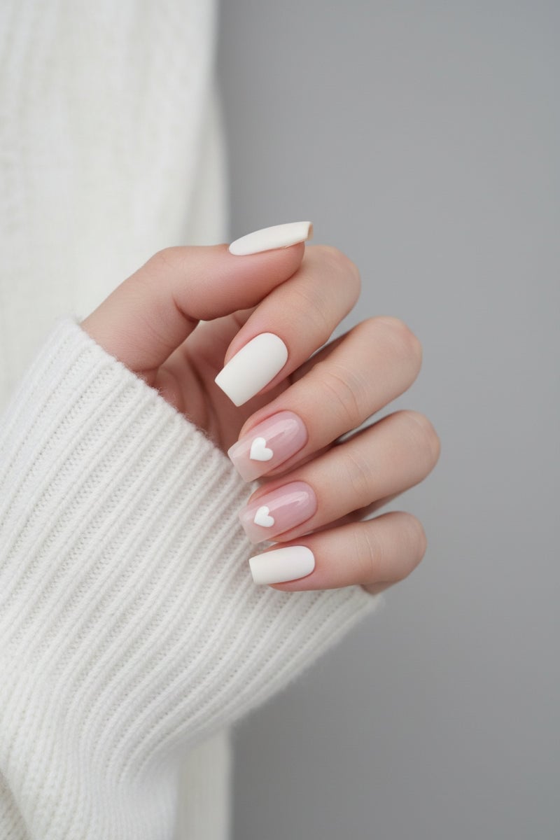 Matte White And Sheer Pink Square Nails With Hearts Matte White And Sheer Pink Square Nails With Hearts — Cute Square Nails