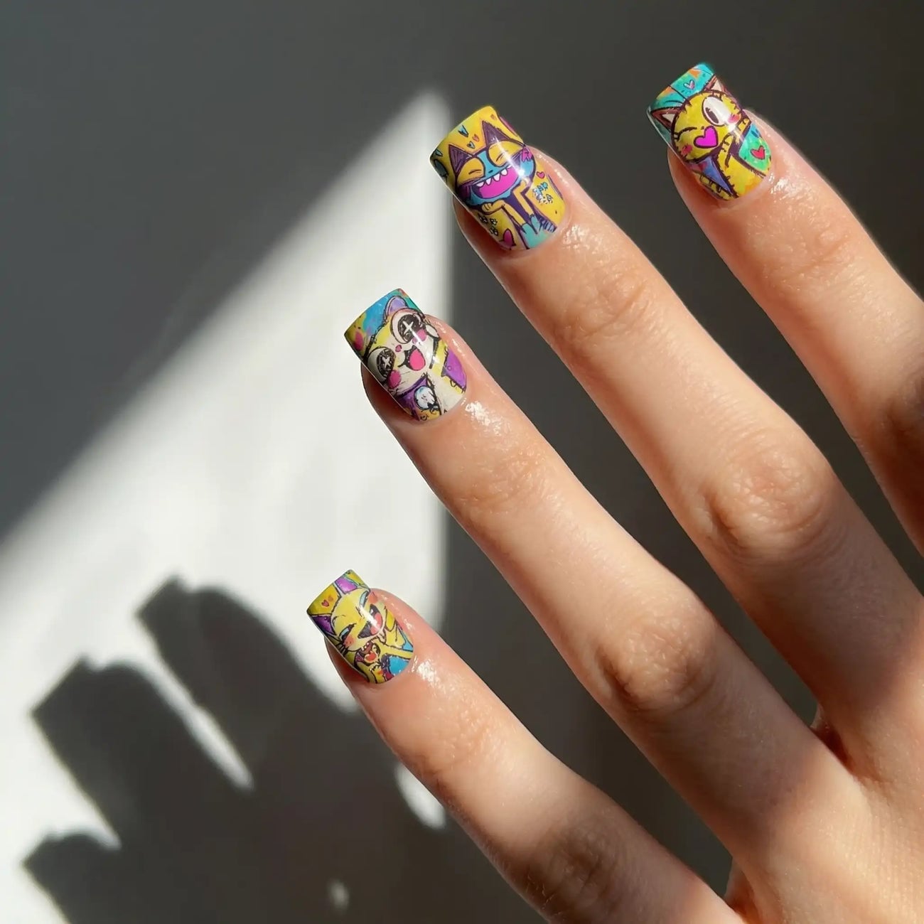 Short Square Nails With Colorful Cartoon Art Short Square Nails With Colorful Cartoon Art — Cute Square Nails