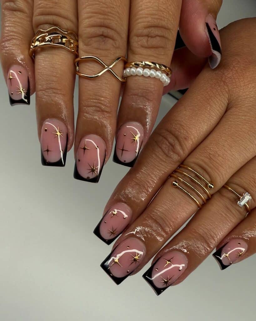 Long Square Nails With Black French Tips and Stars Long Square Nails With Black French Tips and Stars — Cute Square Nails
