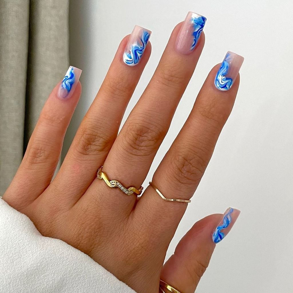 Long Square Nails With Blue Abstract Swirls Long Square Nails With Blue Abstract Swirls — Cute Square Nails