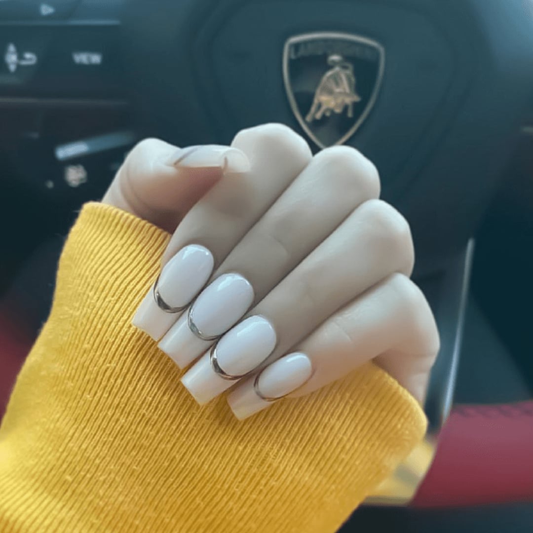 Milky White Square Nails With Silver Cuticle Band Milky White Square Nails With Silver Cuticle Band — Cute Square Nails