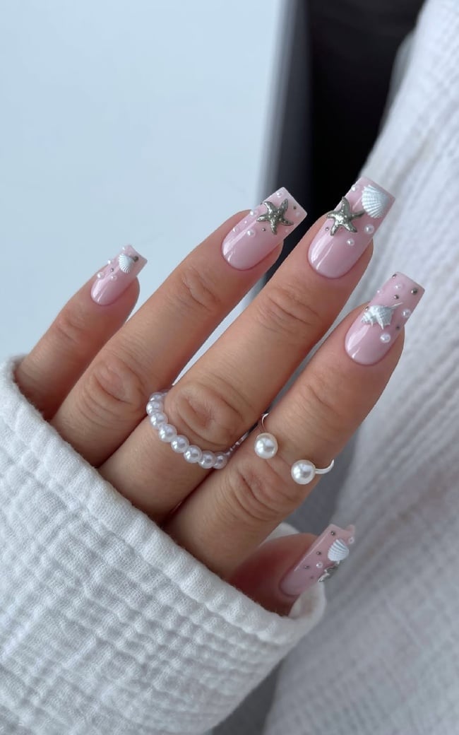 Pale Pink Long Square Nails With Seashell Charms Pale Pink Long Square Nails With Seashell Charms — Cute Square Nails
