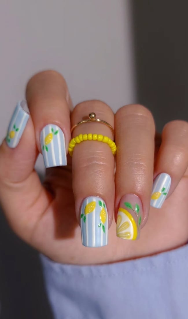 Sky Blue And White Stripe Lemon Nails Sky Blue And White Stripe Lemon Nails — Cute Square Nails