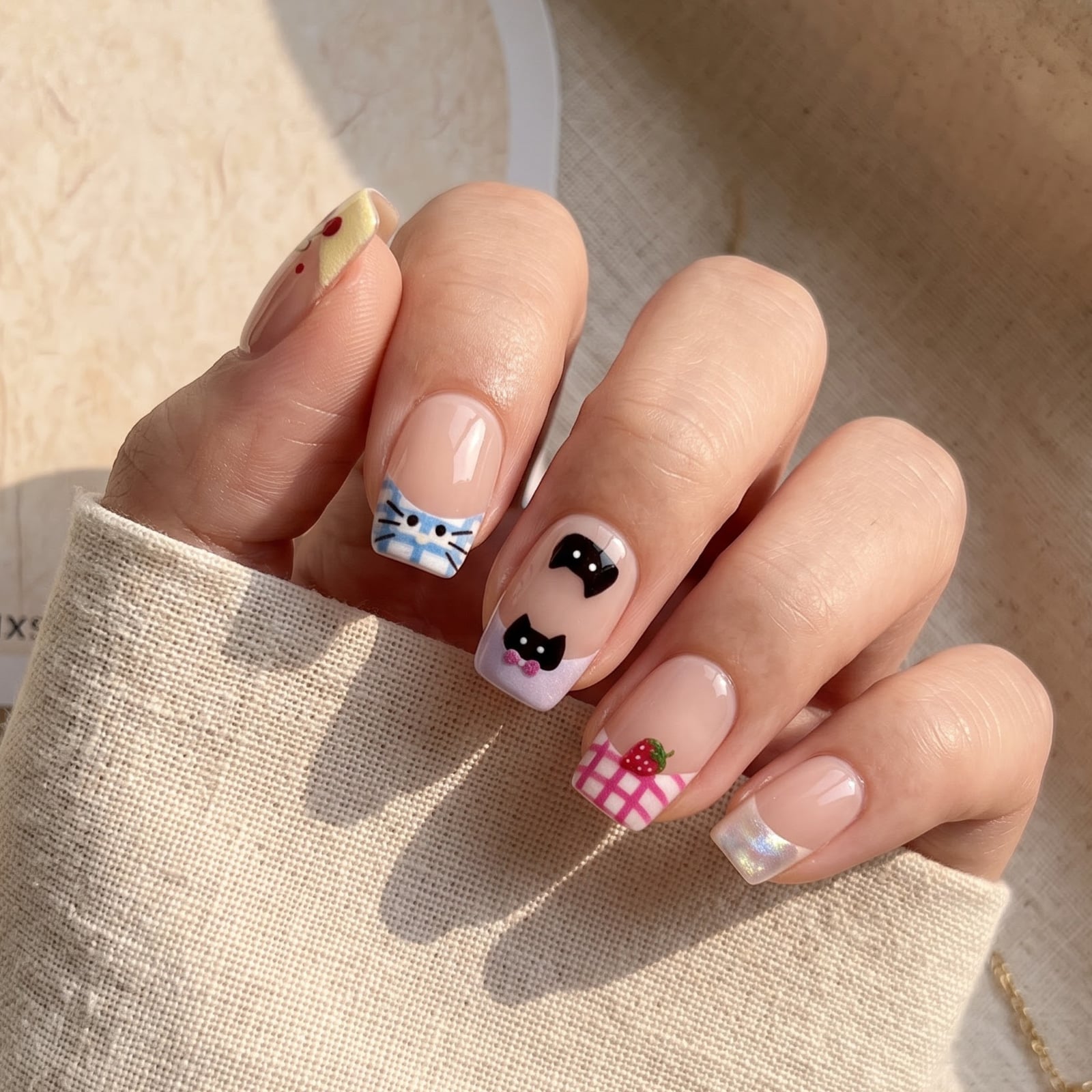 Nude Base French Tips With Cat Faces and Plaid Nude Base French Tips With Cat Faces and Plaid — Cute Square Nails